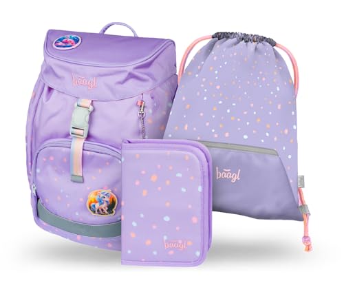 Baagl Schulranzen Mädchen für 1. Klasse, Airy Schultasche Set 3-Teilig, Grundschule Schulrucksack für Kinder, Ranzen für Schule, Tornister (Lieblingstiere)