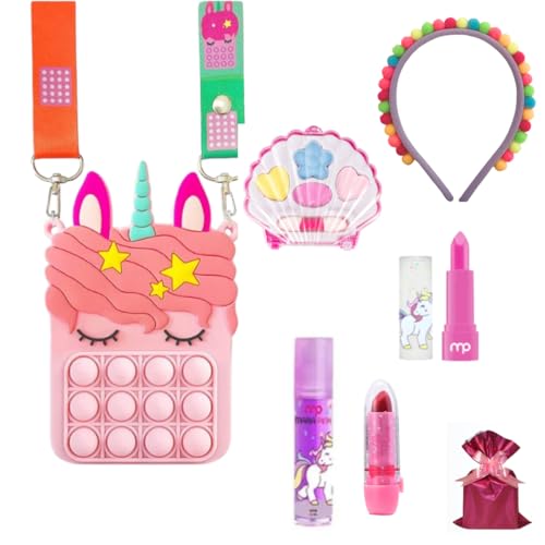 Kit de Maquiagem Infantil Unissexo - Criativa Store: Bolsa Unicórnio + Batom, Brilho Labial, Mini Batom, Estojo de Sombras + Tiara Pompom Coloridos - Rosa