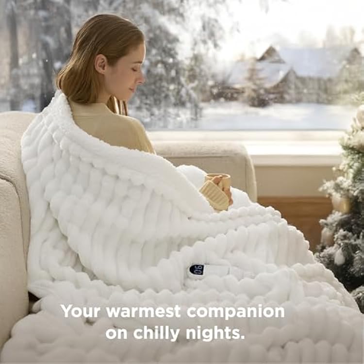 Bedsure Heated Blanket Electric Throw - Thick Striped Flannel Electric Blanket, Heating with 6 Time Settings (Up to 10H), 6 Heat Settings & 8Hr Timer Auto Off, Gift for Grandma (50x60 inches, White)