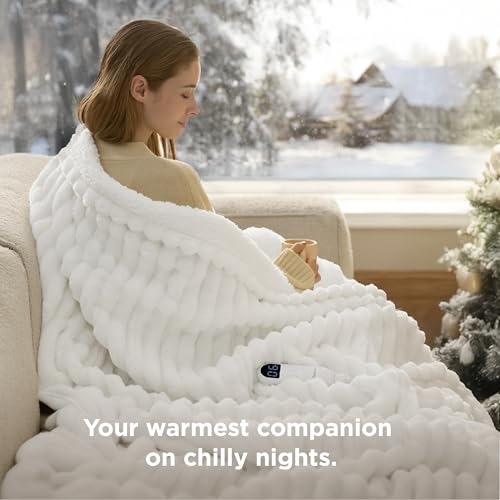 Image of Bedsure Heated Blanket Electric Throw - Thick Striped Flannel Electric Blanket, Heating with 6 Time Settings (Up to 10H), 6 Heat Settings & 8Hr Timer Auto Off, Gift for Grandma (50x60 inches, White)
