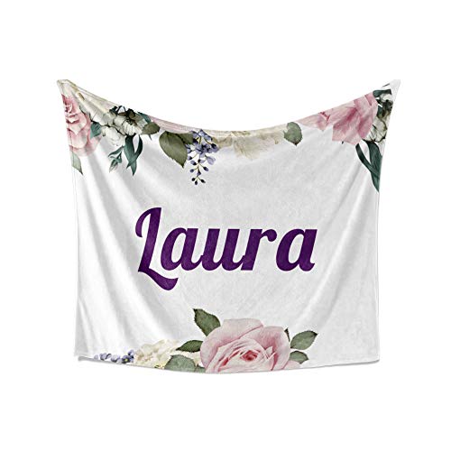 Laura Blanket - Personalized Plush Fleece Flower Throw with Name, Custom Soft Cozy Warm Blanket, Customized Birthday, Holiday Present Idea, 50x60 Inches