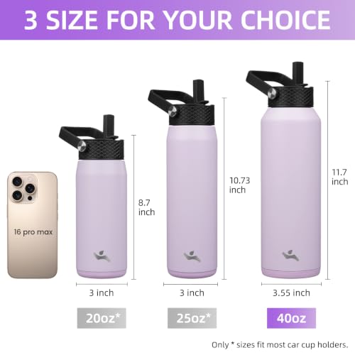 Image of Konokyo 40oz Insulated Stainless Steel Water Bottle with 3 Lids, Leakproof BPA-Free Bottle with Straw Lid, Sip Lid and Flex Cap for Gym, Travel, School, Office, Taro Purple