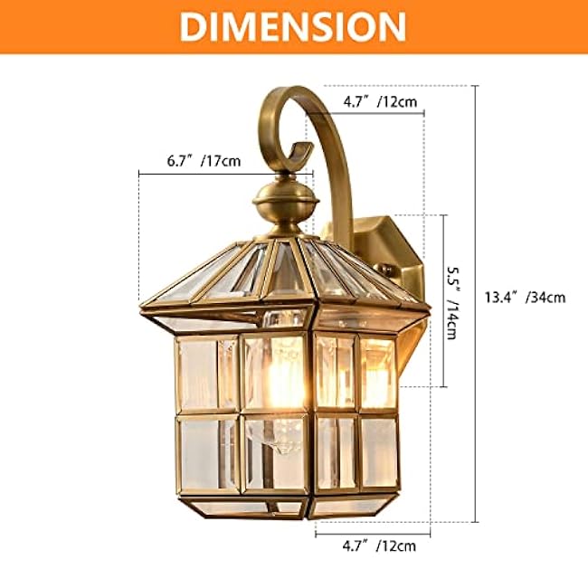 Milaii Copper Brass Outdoor Wall Lights,13.4 Exterior Lantern Light Fixture Waterproof Anti-Rust Wall Mount Lamp with Clear Glass E26 Socket Porch Light for Garage Entryway Patio Balcony