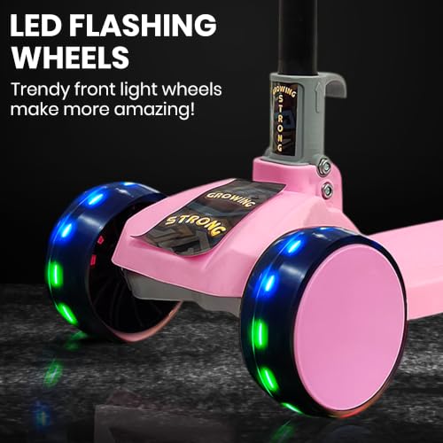 Image of NHR 3-Wheel Kick Scooter for Kids with Adjustable Height, Smart Tilt-to-Steer Balance Control, Heavy Duty PU Wheels & Rear Foot Brake (Pink)