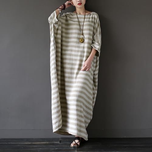 Image of LUZU JUNU Women Cotton Linen Caftan Robe Striped Casual Loose Bat Sleeve Long Maxi Dress