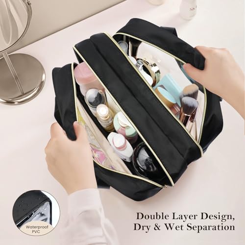 Yowivon Extra Large Travel Pouches for Toiletries, Waterproof Preppy Makeup Spf Sunscreen Skin Care Snack Bag, Clear Tote Bag for Beach, Camping, Business Trips, Swimming, Stadium Event, Black, XL3