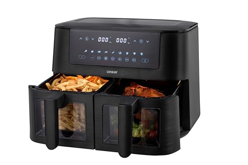 Linsar Dual Zone Heteluchtfriteuse met dubbele kamer, 8 liter, Air Fryer, 2 manden met kijkvenster, touchscreen, 9 voorinstellingen - 3000W (Zwart)