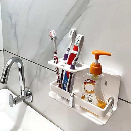 Image of self Adhesive Wall Mounted Acrylic Toothpaste Holder,Toothbrush Stand,Toothpaste Tubler for Bathroom Organizer Rack for Home(Black Acrylic) (Half White)