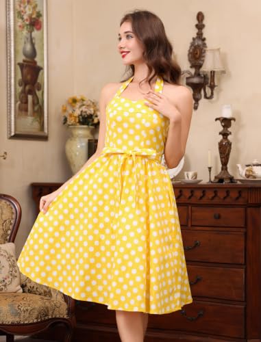 Image of 1950s Dresses for Women Vintage Retro Cocktail Party Swing Dresses Halter Floral Rockabilly 50s Polka Dot Pin up Dress