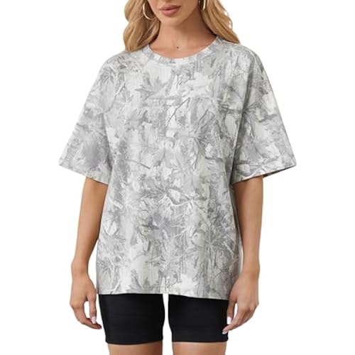 MSBESYOR Camo Shirt for Women Maple Leaf Print Short Sleeve Crewneck T-Shirts Summer Oversized Tee Shirts Streetwear