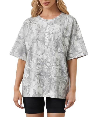 Image of MSBESYOR Camo Shirt for Women Maple Leaf Print Short Sleeve Crewneck T-Shirts Summer Oversized Tee Shirts Streetwear
