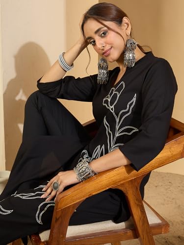 Image of INDO ERA Women Viscose Rayon Straight Fit Straight Floral Embroidered Kurtas