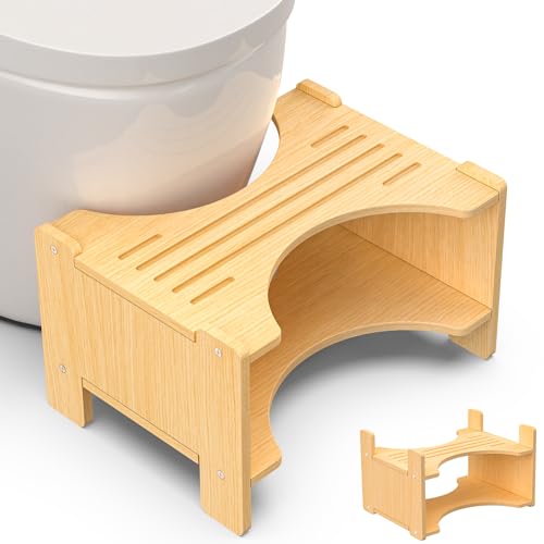 XiaZ Toilet Stool Squat Adult Poop Stool 7in & 9in Adjustable Heights Wood Potty Stools with Non-Slip Strip to Improves Defecation 300 lbs Capacity