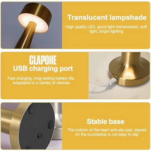 Image of CLAPONE Portable Rechargeable LED Lamp, Touch Control with Stepless Brightness & 3 Color Modes, Metal Table Lamp for Bedroom, Desk & Nightstand
