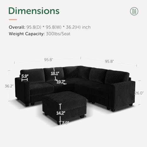 HONBAY Corduroy Modular Sectional Couch with Storage L-Shaped Sectional Couches for Living Room 6 Seater Modular Sectional Sofa, Black - Image 3