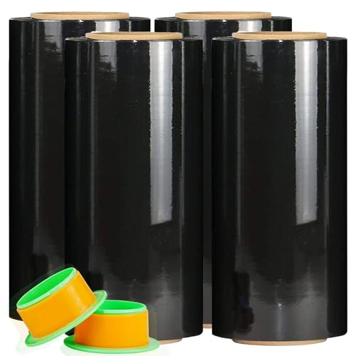 Image of CHUANGSEED Black Stretch Film 12'' x 1000 Feet 4-Pack 80 Gauge Industrial Strength Shrink Film with Plastic Handle,Durable Self-Adhesive Plastic Wrapping for Moving,Shipping