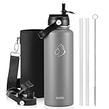BUZIO Stainless Steel Water Bottle (Cold for 48 Hrs, Hot for 24 Hrs), 40 oz Vacuum Insulated Water Bottle with Straw Lid and Flex Cap (Double Wall, Wide Mouth, BPA Free, Leak Proof), Graphite