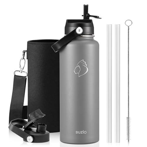 BUZIO Stainless Steel Water Bottle (Cold for 48 Hrs, Hot for 24 Hrs), 40 oz Vacuum Insulated Water Bottle with Straw Lid and Flex Cap (Double Wall, Wide Mouth, BPA Free, Leak Proof), Graphite