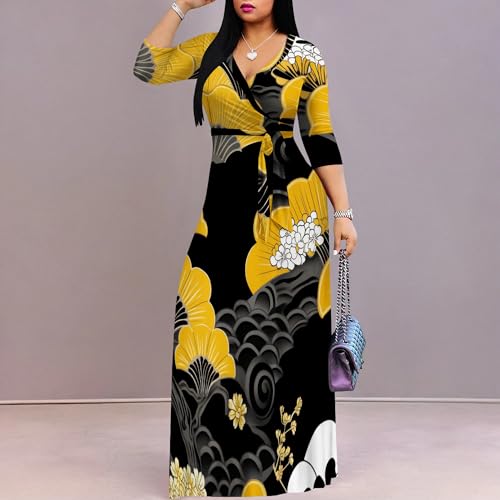 Image of PinkPatty Women's Print Maxi Dresses 3 /4 Sleeve Flowy Long Dress V Neck Wrap Tie Waist Sundress