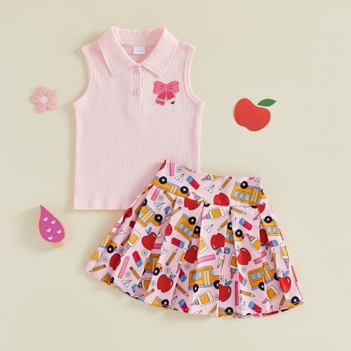 Image of BeQeuewll Back to School Toddler Girl Outfit 2Pcs Knit Top Pleated Skirt Set Girls