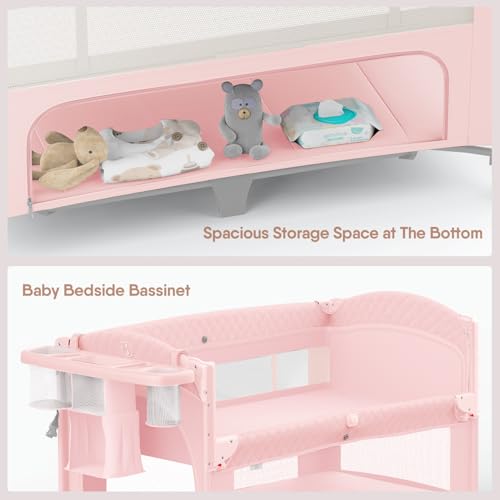 Image of Obee Odee 4 in 1 Baby Bassinet, Pack and Play, Bedside Crib Sleeper, Diaper Changer - Comes with Mattress, Mosquito Net, Bottom Storage and Toy Bar for Newborn to Toddles