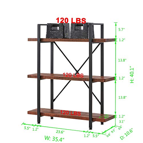 HSH Natural Real Wood Bookshelf, 3 Tier Rustic Vintage Industrial Etagere Bookcase, Open Metal Farmhouse Solid Wooden Book Shelf, Distressed Brown - Image 3
