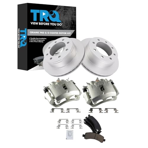 Image of TRQ Rear Brake Pad, Caliper, & Rotor Kit Ceramic Vented Premium G-Coated Compatible with 2006-2016 Chevrolet Express 2500 2003-2016 Express 3500 GMC Savana 2500 Savana 3500