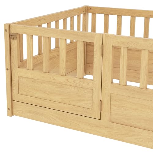 Twin Floor Bed with High Fence and Door, Kids Montessori Floor Bed, Twin Floor Bed Without Slats(Natural Twin)