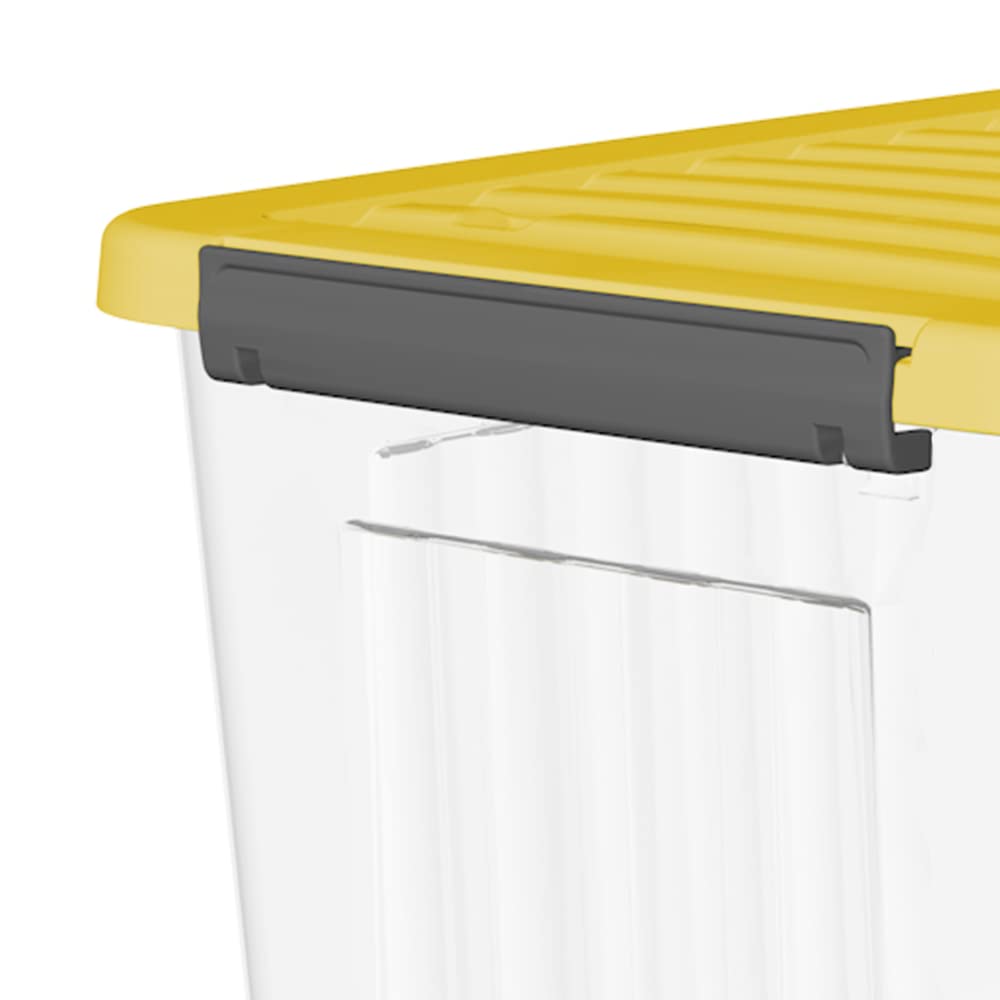 Cetomo 80L*4 Cajas de Almacenamiento con Tapas, Contenedores de Plástico con Ruedas, Clip On, Apilables, Encajables, Organizador Rayado para Oficina en Casa, Amarillo & Claro, 80L-4 Pack
