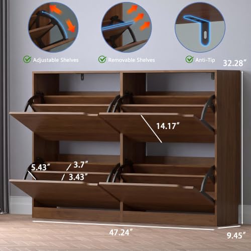 Image of BORNOON Shoe Cabinet with 4 Flip Drawers, Narrow Hidden Shoe Storage Cabinet, Slim Freestanding Shoe Rack Organizer for Entryway, Hallway, Bedroom, Living Room