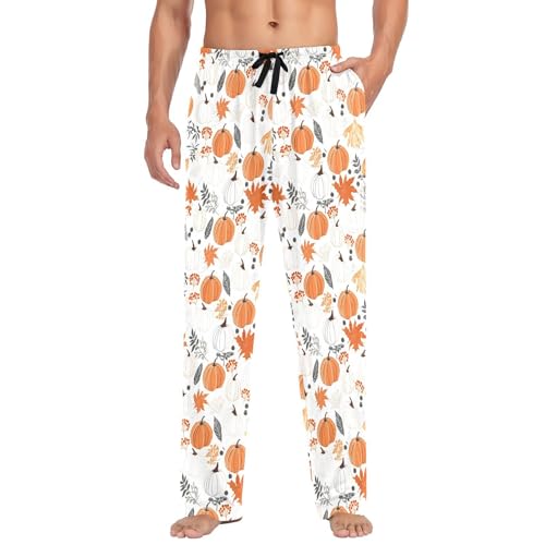 Thanksgiving Autumn Fall Pumpkin Leaves Men's Pajama Pants Cotton Sleep Bottoms with Drawstring A2304545
