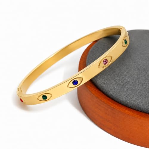 Image of Stylish Gold Plated Bangle for Women | Daily Use Stainless Steel Kada | Anti-Tarnish Waterproof Cuff | Multicolour Crystal Evil Eye | Daily Wear Bracelet For Womens | Premium Gift For Girl