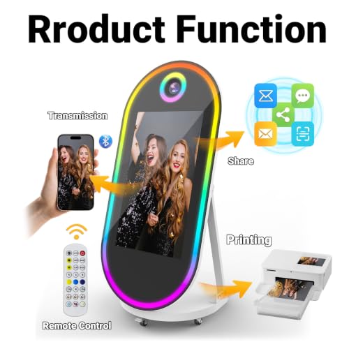 Image of Magic Mirror Photo Booth, 60-32in Interactive Touch Screen Oval Photo Booth Machine,Remote Control RGB Light,Idea Instant Printing and Share for Event Rental Party (White Booth + Camera + Printer)