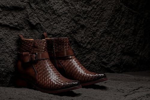 Image of CALTO Men's Invisible Height Increasing Elevator Shoes - Coffee Brown Premium Leather Woven Ankle Buckle Zipper Boots - 3.3 Inches Taller - K30525 - Size 7.5 D(M) US