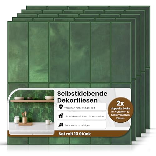 AMARA DECO Klebefliesen Küche & Bad 10 Stück Selbstklebende Fliesen 30x30 cm Fliesenaufkleber 3D Wandfliesen Wasserdicht Spritzschutz Grün (10 Grün)