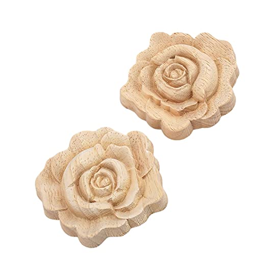 Muxsam 2-Pack Wooden Onlay Appliques, Rose Flower Carved Detail Molding Decal Rustic European Craft Unpainted For Mirror Dresser Bed Door Cabinet Chest Decoration, 7X7X1.5 Cm/2.76X2.76X0.59 Inch #TOP3