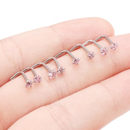 Ftovosyo Hypoallergenic Nose Rings Studs 18G & 20G Surgical Steel Nose Studs L Shaped Nostril Piercing Jewelry with Pink Cubic Zirconia for Women & Men4