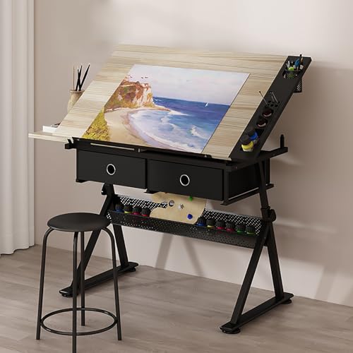 Vintage Wood Drafting Table and Stool Set with Adjustable Tilted Tabletop and Height Ideal for Office School Study and Artists Desk with 0° to 80° Tilt Height Adjustable from 26.8
