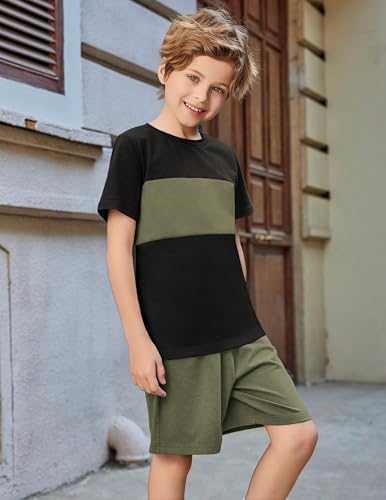 Image of Arshiner Boys' 2-Piece Cotton Outfit Color Block T-Shirt and Shorts Set Summer Camo Clothes for Kids 5-14 Years
