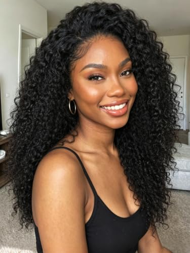 Image of KLAIYI Bye Bye Slip 4C Kinky Curly Glueless Precut 7x5 Lace Front Wigs Human Hair with Curly Edges Drawstring Pre Plucked Bleached Knots Pre Everything 30S Ready to Put On and Go Beginners Wig 24Inch