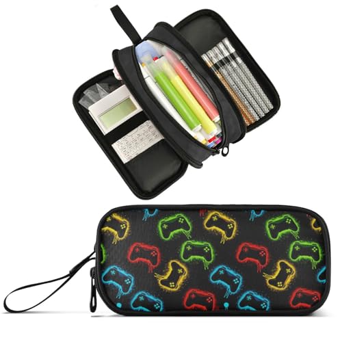 Image of Wfrish Game Joystick Black Large Capacity Pencil Case, 3 Compartments Pen Pouch Organizer for School College Office, Zippers Big Pencil Bag for Teens Adults Girls Boys Makeup