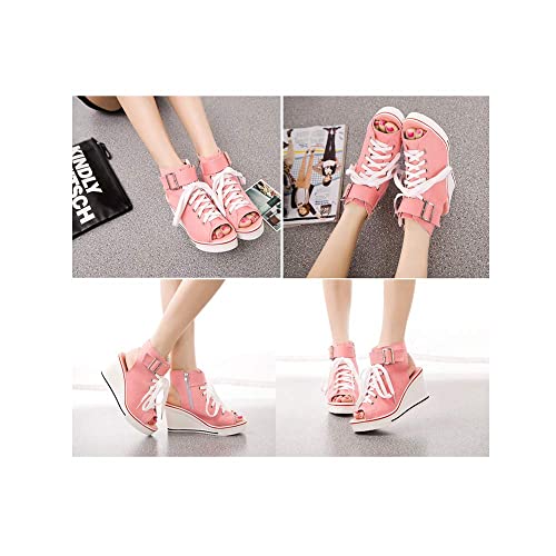 Image of OCHENTA Women's Peep Toe Wedge Sneakers Canvas Platform Shoes Side Zipper Lace up Buckle Fashion Sneakers Walking Shoes