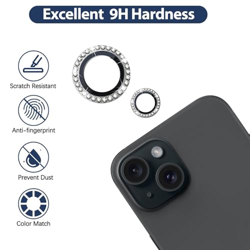 Image of Back Camera Lens Ring Guard Protector for Apple iPhone 15 | Diamond Camera Ring Aluminium Alloy Edge (Black)