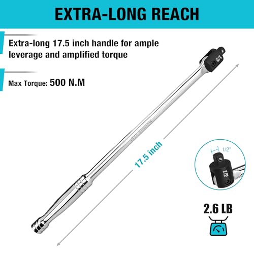 Image of DURATECH Breaker Bar, 1 /2'' Drive 17.5-Inch Breaker Bars Heavy Duty, with 240 Flex Head, Spring-loaded Detent Ball, Premium Chrome Alloy Made