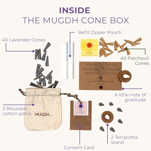 Image of Mugdh Natural Incense Cones Combo - Panadi & Lavender | Bambooless, Low Smoke, Charcoal free Dhoop Cones | 80 Organic dhoop batti | Free Cotton Potli & Dhoop Stand | Home Fragrance, Pooja & Meditation