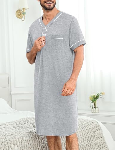 Image of SWOMOG Mens Nightgown Short Sleeve Lounge, Sleep Henley Shirt Pajama Big & Tall Nightshirt Comfy Nightwear M-3XL
