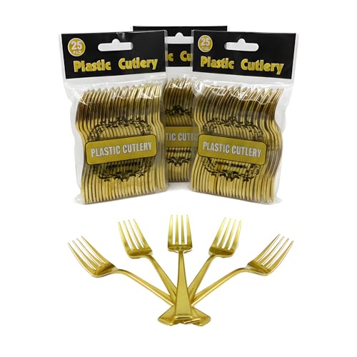 La Mejor Lista de Tenedores para bogavantes - solo los mejores. 40 Tenedores Cóctel Mini de Plástico Metalizado Color Oro – 25 Piezas por Paquete, 3 Paquetes – Ideal para Botanas, Postres, Eventos y Fiestas