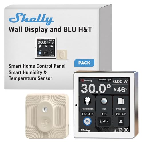 Shelly Wall Display Weiß + Blu H&T Elfenbein (Bundle), WLAN-Smart-Home-Bedienfeld, Thermostat, Integriertes 5A-Relais, Neutralleiter Erforderlich, Umweltdaten, Steuerzentrale, Alexa & Google Home