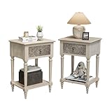 SUNBURY Vintage Nightstand Set of 2, Wood Small Bedside Table with Drawer and Open Shelf, Shabby Accent End Side Table for Living Room, Bedroom
