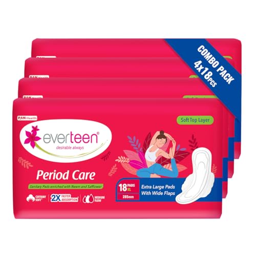 Image of everteen Soft XL - 72 Sanitary Pads for Women, 285mm Cotton Sanitary Napkin X-Large, Suitable for Medium Flow, Prevents Wetness & Leakage, Deep Absorption - Pack of 4